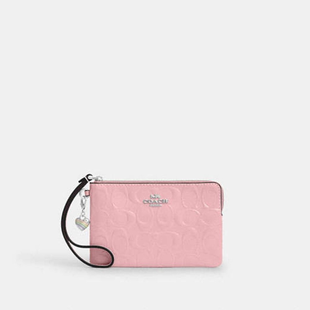 Coach Pink Corner Zip Wristlet In Signature Leather With Heart Charm
